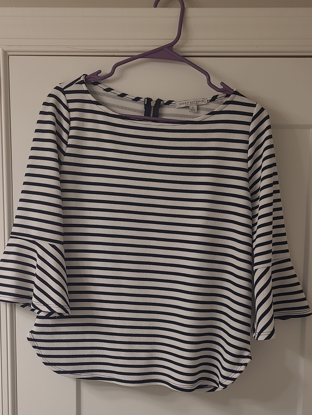 Green Envelope Navy and White Striped Bell-Sleeve Blouse